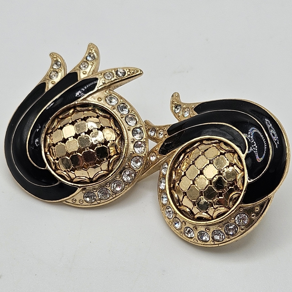 VINTAGE Whiting & Davis Gold Tone Mesh Black Enamel Rhinestone Earrings Signed